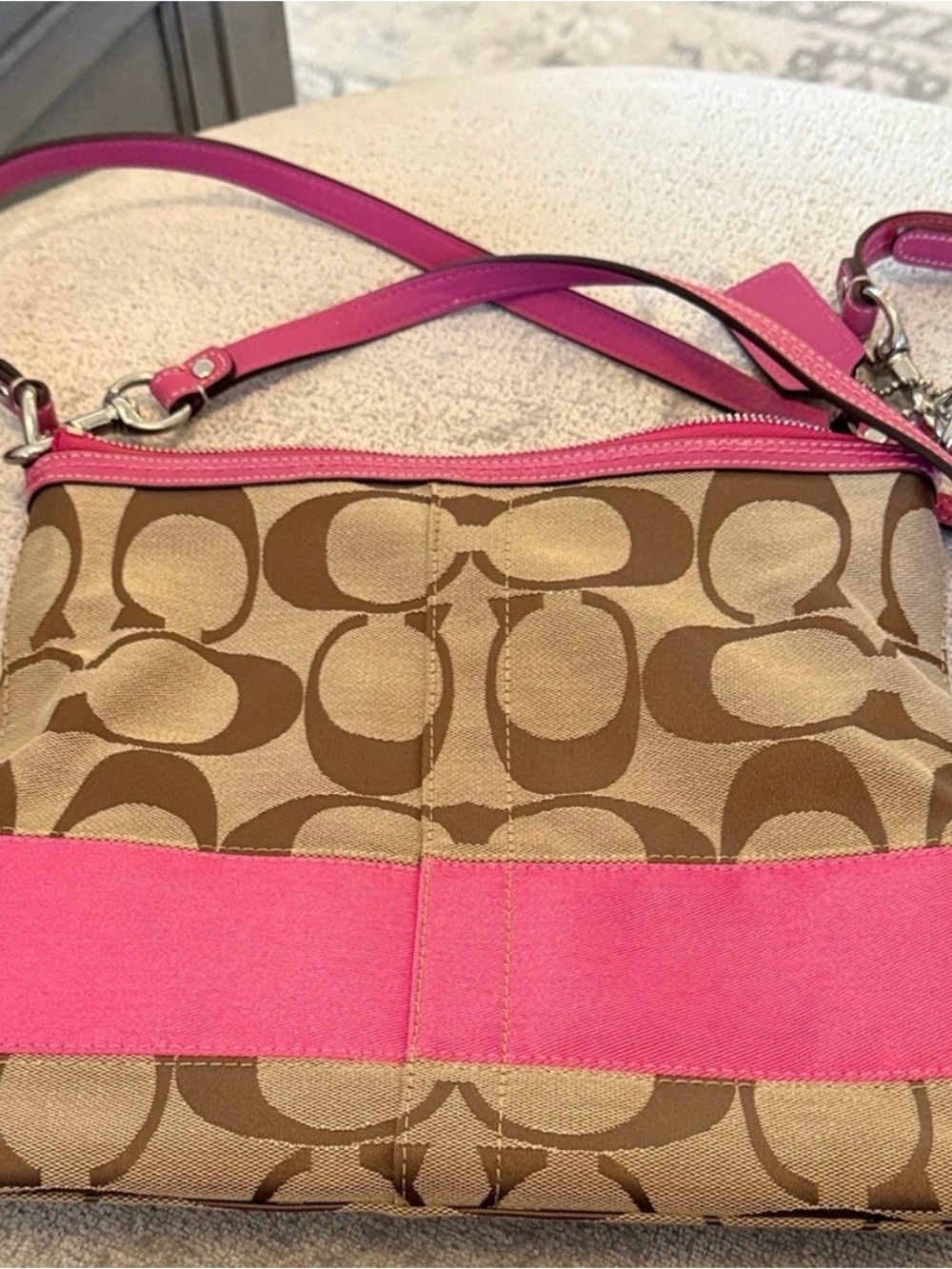 Coach F13674 Signature Khaki Pink Stripe Convertible Crossbody Shoulder Bag